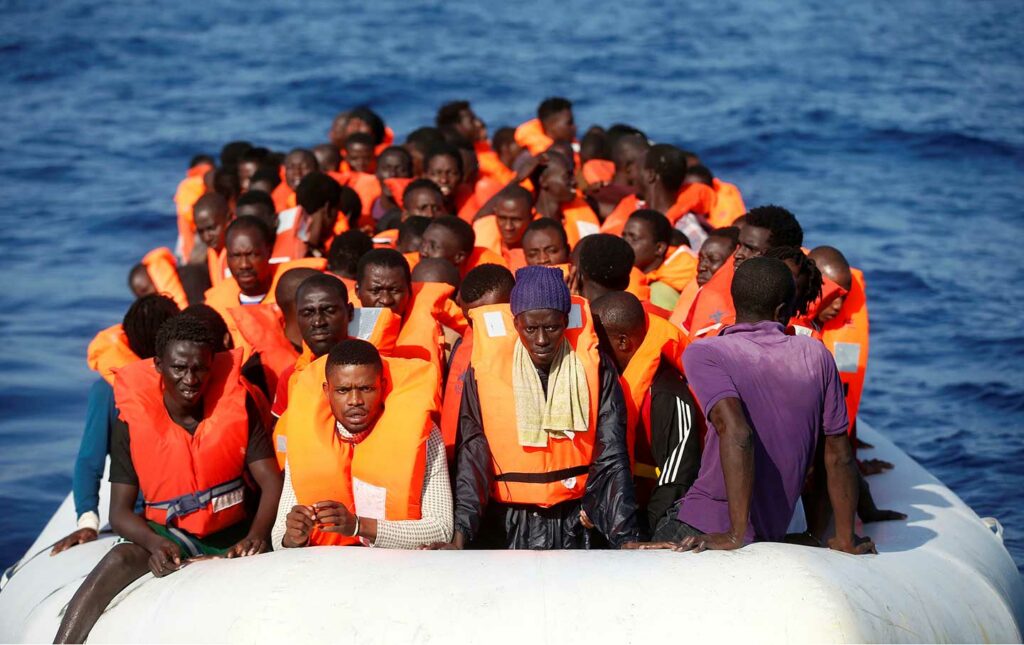 Migrants on a makeshift boat 